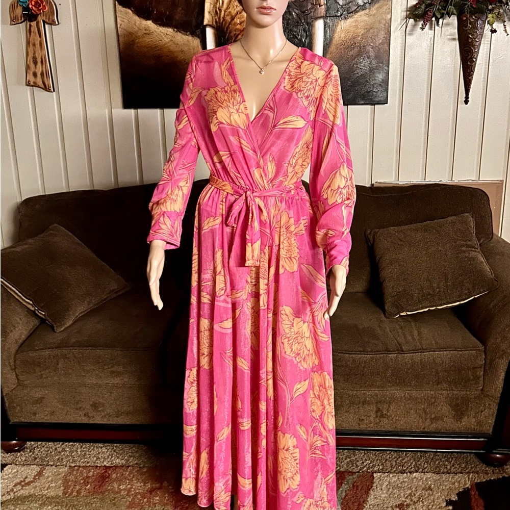 Alexa B Nites ~ Size 8 ~ Pink/Orange ~ Floral ~ Silver Metallic Thread ~ Dress - Picture 3 of 14